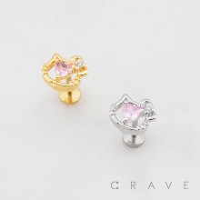 CUTTIE KITTY CAT FACE RIBBON HEART CZ THREADLESS (PUSH IN) 316L SURGICAL STEEL LABRET SET